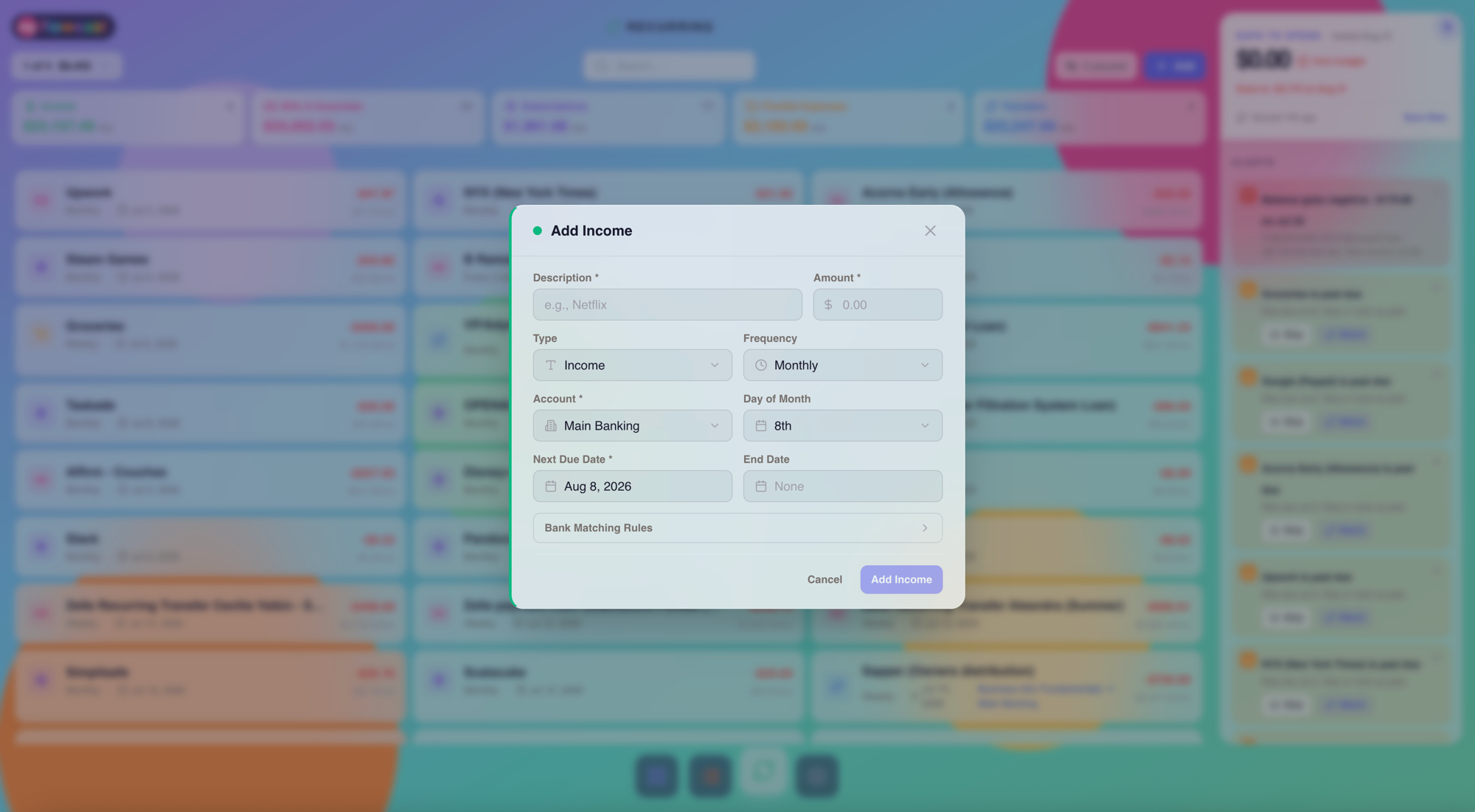 MyFlowcast add income modal with frequency and account fields