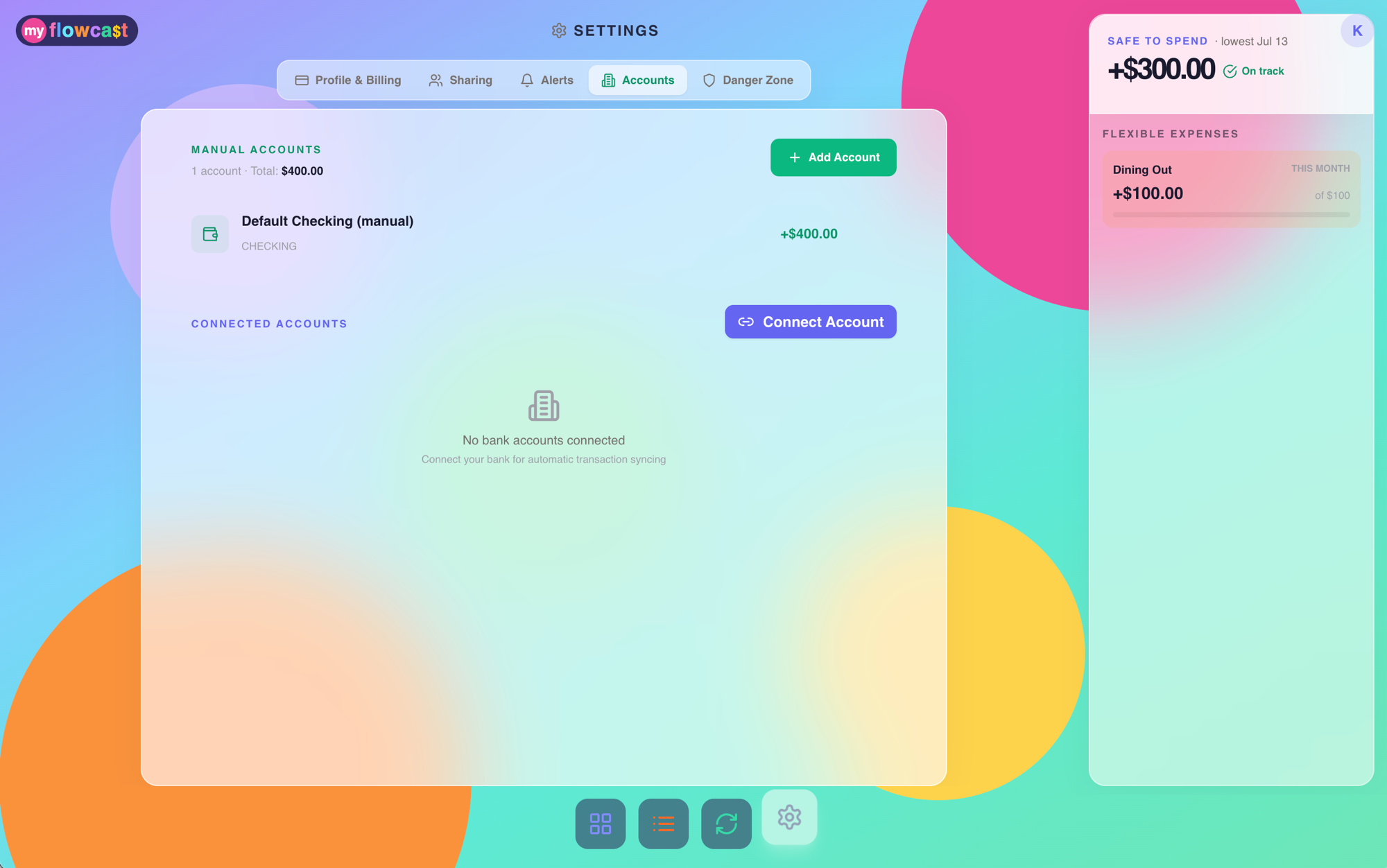 MyFlowcast settings showing manual and connected accounts
